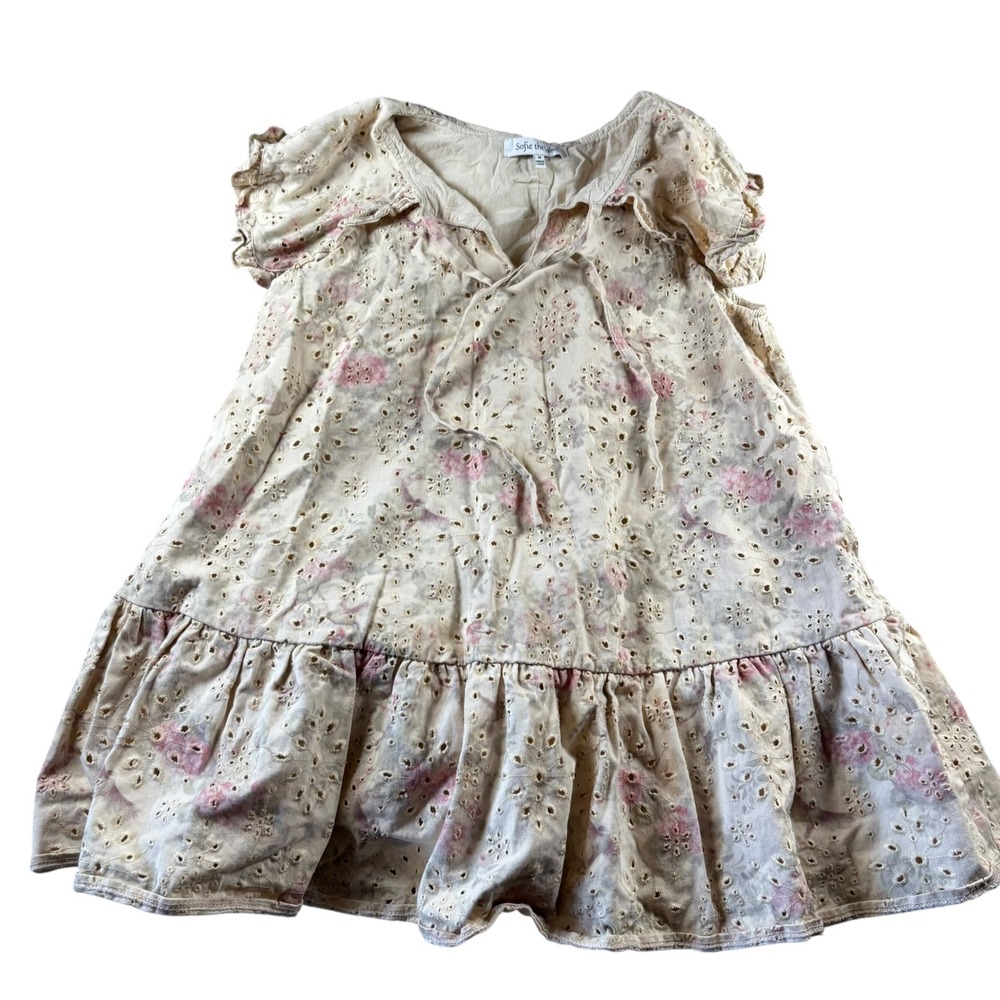 Sofie the label Mini Dress Women M Cream Floral Eyelet Lace Ruffle Coquette Boho